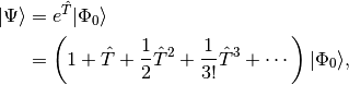 | \Psi \rangle &= e^{\hat{T}} | \Phi_0 \rangle \\
               &= \left( 1 + {\hat{T}} + \frac{1}{2} {\hat{T}}^2 + \frac{1}{3!}{\hat{T}}^3 + \cdots \right) | \Phi_0 \rangle,